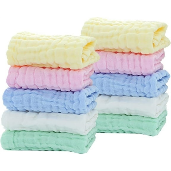 10Pack Soft Muslin Baby Washcloths,Newborn Face Towel and Washcloth,Natural Cotton Baby Wipes,6 Layers Cotton Hand Towel for Toddlers Boys or Girls (Multi-color)