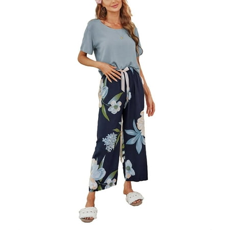 

2pcs Set Cute Floral Print Round Neck PJ Pant Sets Short Sleeve Women s Pajama Sets (Women s)