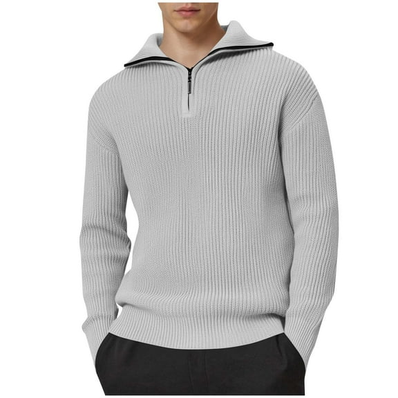 ZCFZJW Mens Quarter-Zip Pullover Sweater Casual Mock Neck Winter Warm Ribbed Knitted Long Sleeve Lapel Collared Polo Sweaters Gray XL