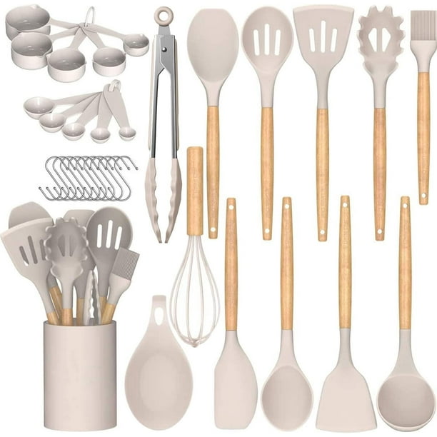 Juego de utensilios de cocina de silicona: resistentes al calor, incluye pinzas, espátula, cuchara, cepillo, batidor y mango de madera. Ideal para utensilios de cocina antiadherentes y aptos para