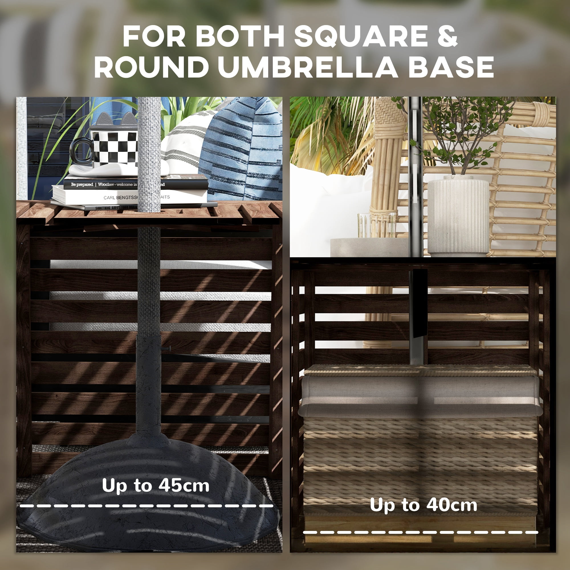 Outsunny 2-in-1 Outdoor Storage Box for Umbrella Base, Coffee End Table, Wooden Patio Umbrella Stand Table, Brown