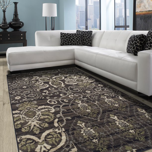 Oriental Scrolling Floral Damask Modern Indoor Area Rug, Black, 4' x 6