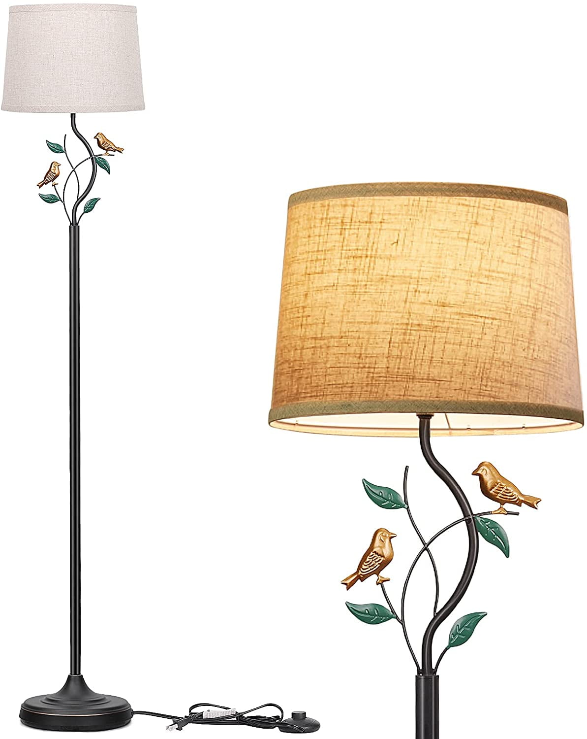TICOZE Dimmable Floor Lamp with Shade, Modern Farmhouse Floor Lamp, Rustic Floor Standing Lamp with Leaves & Birds Design, Floor Stand up Lamp for Living Room, Bedroom, Office, Dorm, Bulb Included, WW