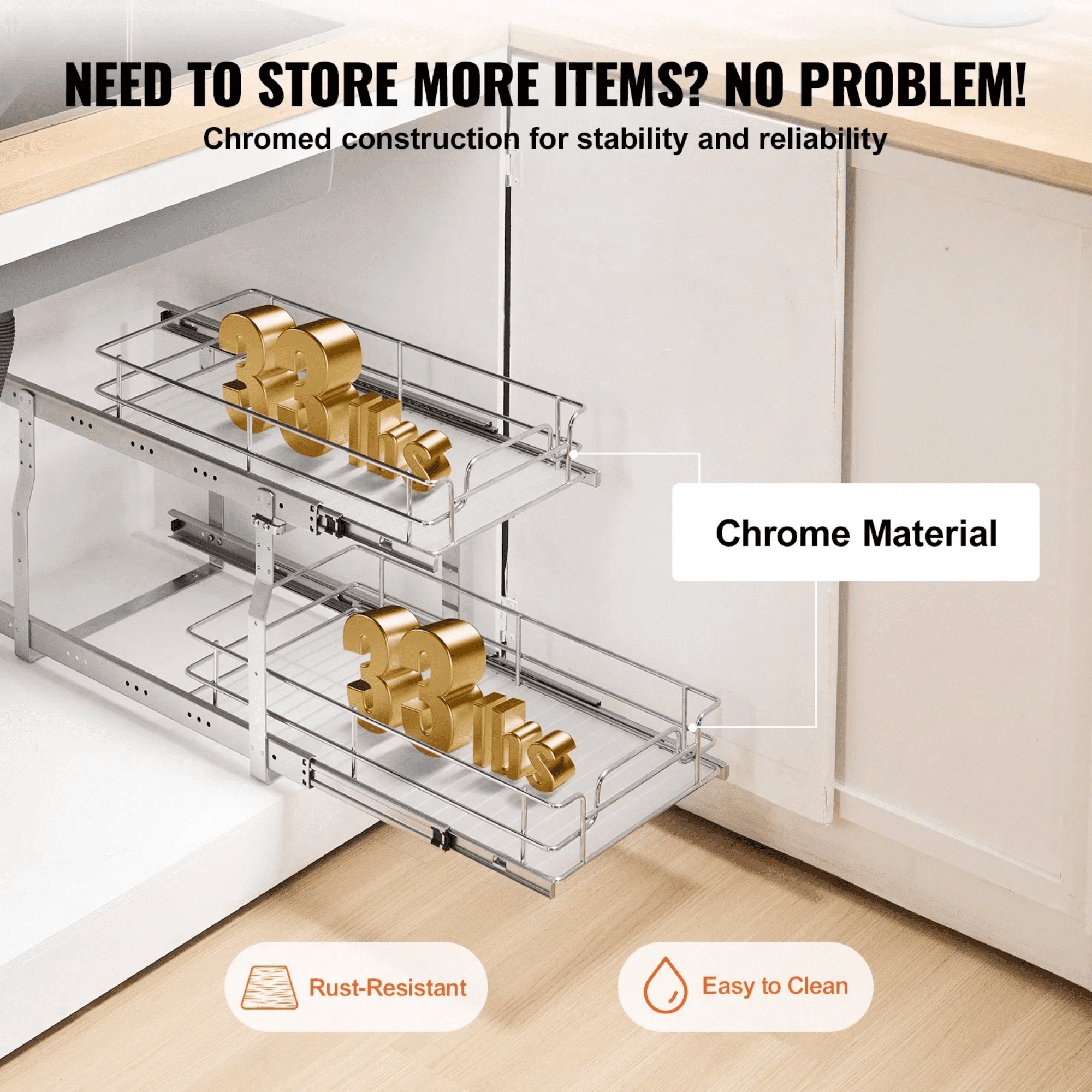 2 Tier Pull Out Cabinet Organizer, 12” W x 21” D Heavy Duty Sliding Pantry Shelves with Dividers, Steel Roll-Out Drawer for Kitchen Cabinet & Under Sink Storage