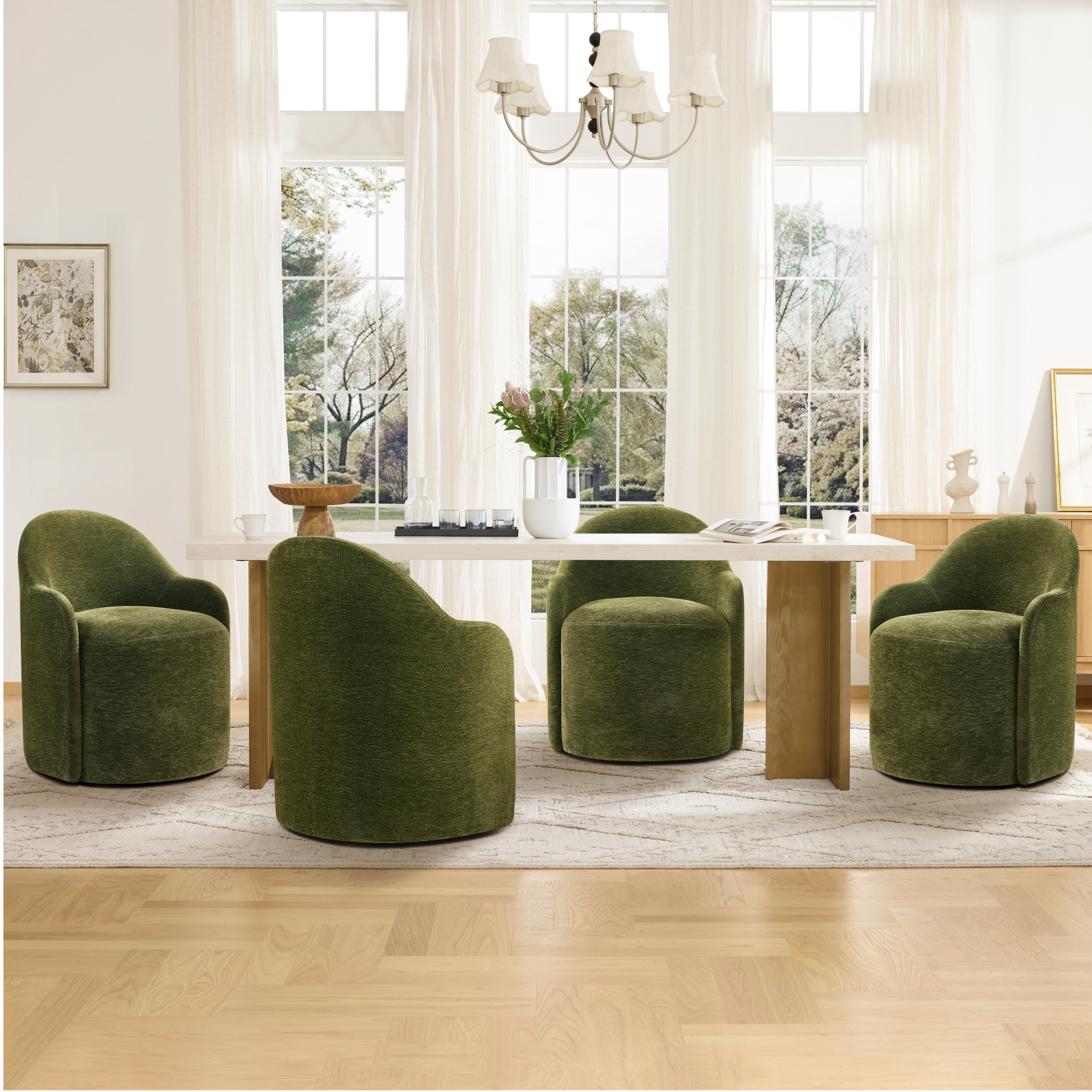 Spruce & Spring Swivel Upholstered Dining Chair with Hidden Wheels and Armrest Single, Green