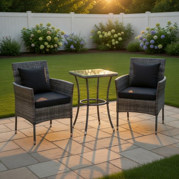 Yardi Yard 3 Pieces Patio Furniture Set, Patio Conversation Set with Cushioned Patio Chairs and Tempered Glass Coffee Table for Outdoor as Yard, Black