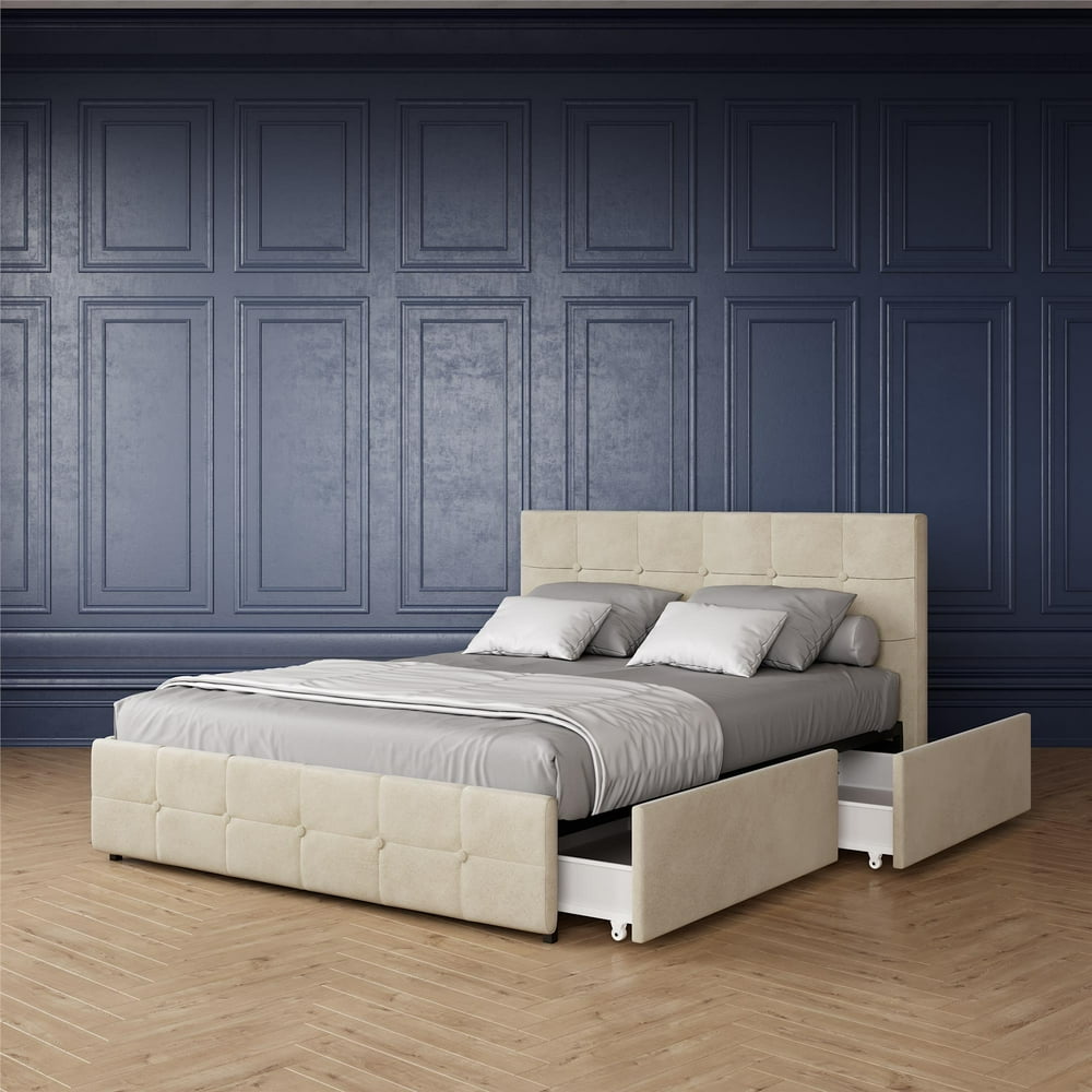 DHP Rose Upholstered Bed with Storage, Ivory Velvet Queen, (Ivory