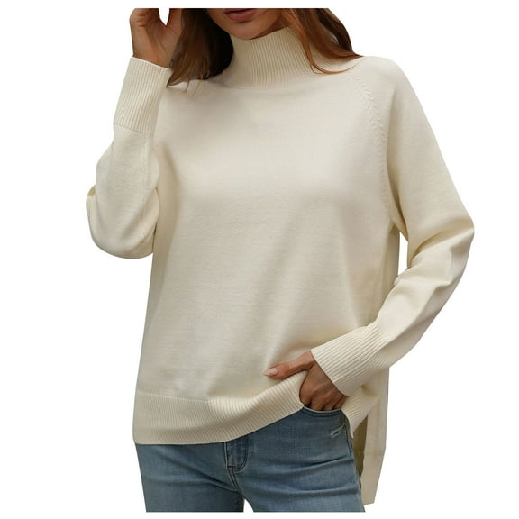QIPOPIQ Womens Sweaters Clearance New Color Sweater Turtleneck Sweater Drop Shoulder Sweater Knitwear Beige S