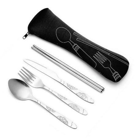 

4Pcs Set Dinnerware Portable Printed Knife Fork Spoon Chopsticks Stainless Steel Family Camping Steak Cutlery Tableware with Bag