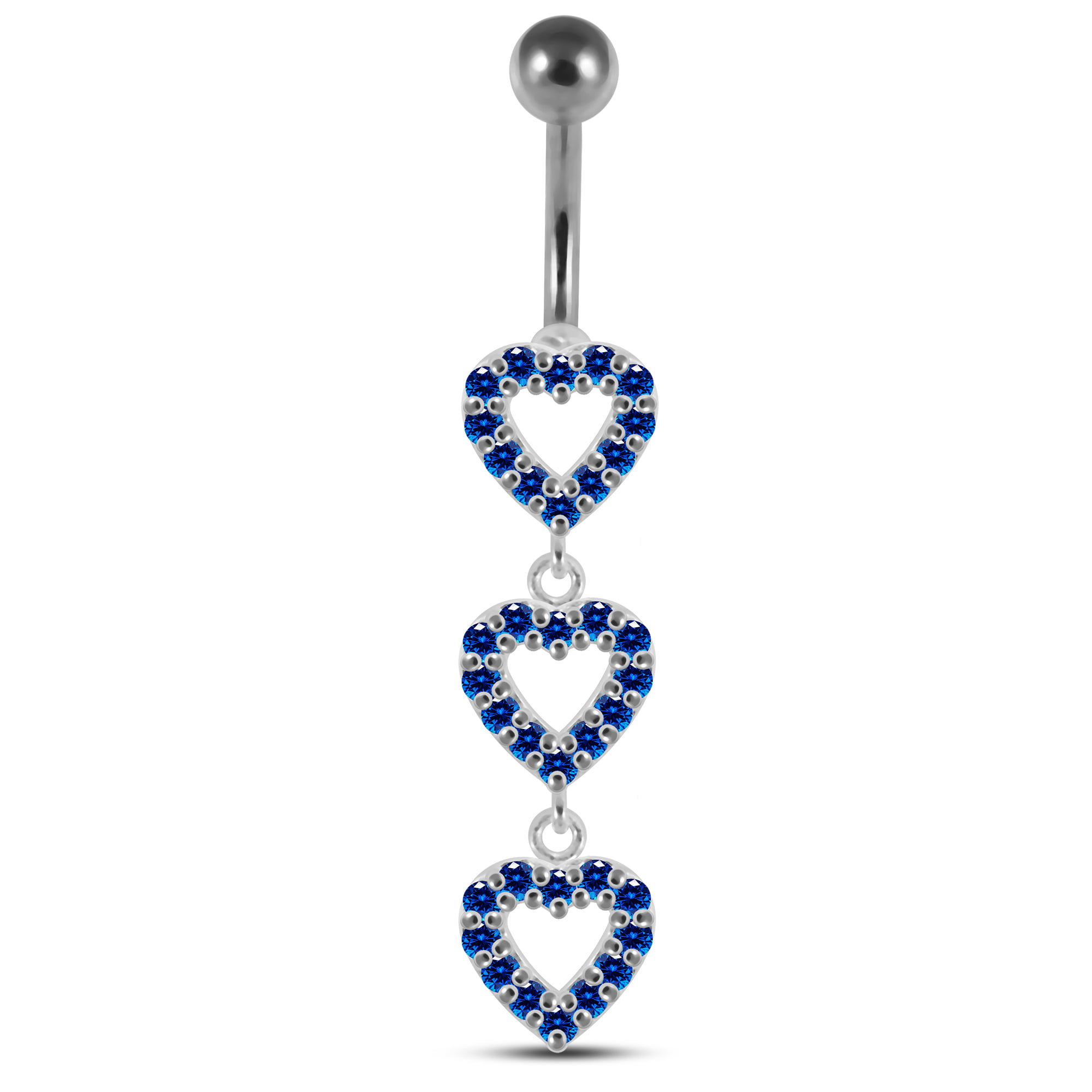 CZ Stone Triple Studded Heart Dangling Design 925 Sterling Silver Belly Button Piercing Ring Jewelry 