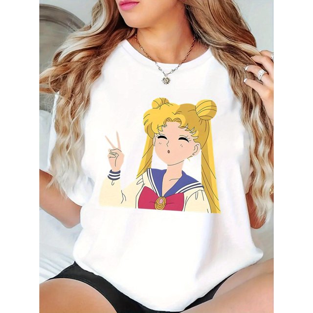 Camiseta deportiva informal y sencilla de manga corta con cuello redondo y estampado de dibujos animados de niña para mujer, cómoda para vacaciones de verano. Camiseta deportiva de ocio.