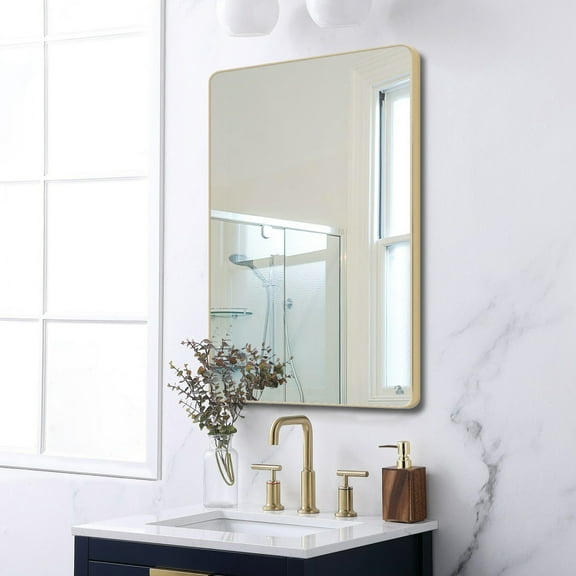 Gold Framed Bathroom Mirror - Rounded Corner Wall Mirror for Powder Room