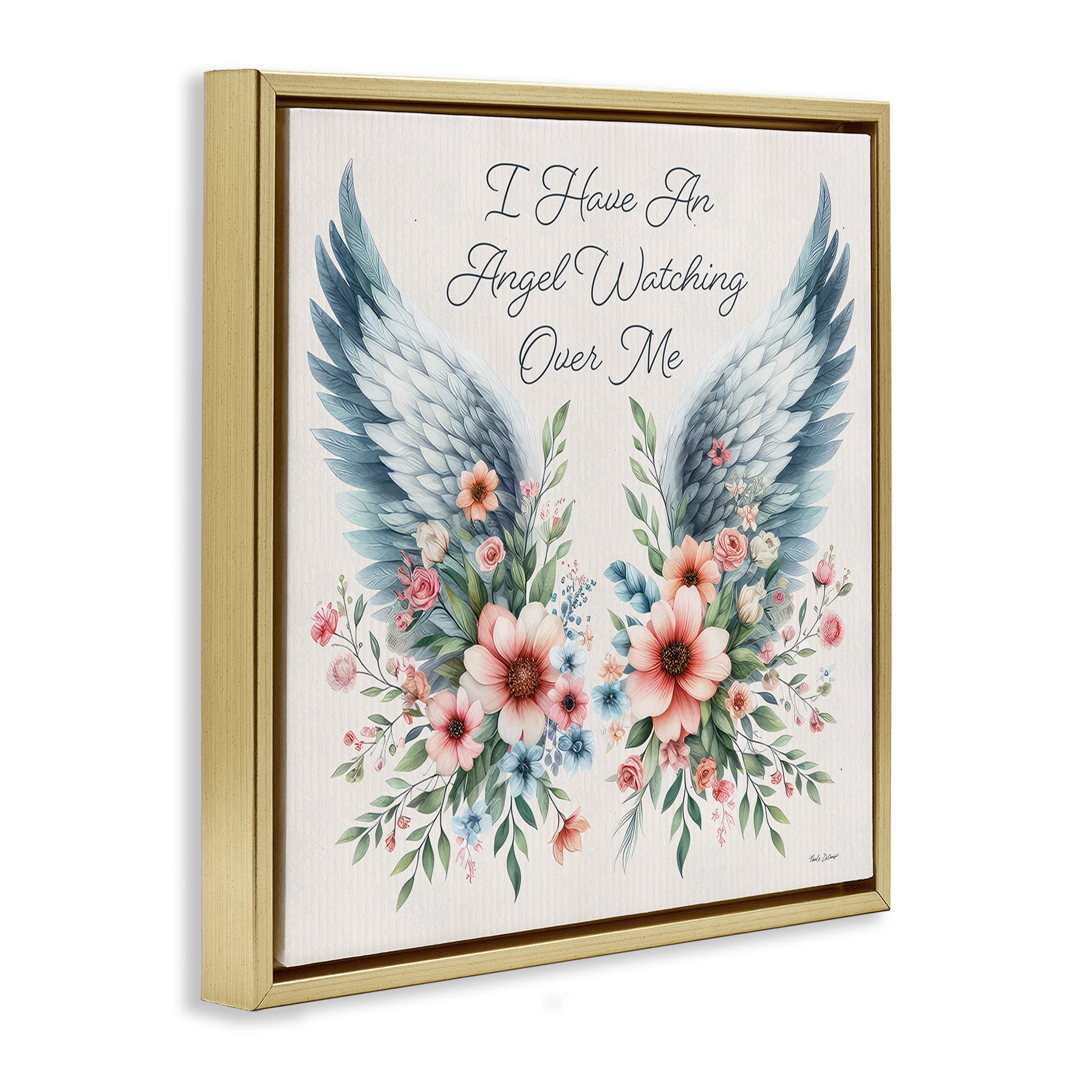 Stupell Industries Angel Watching Me Plants & Flowers Painting Gold Floater Framed Canvas Art Print Wall Art, 18 x 18
