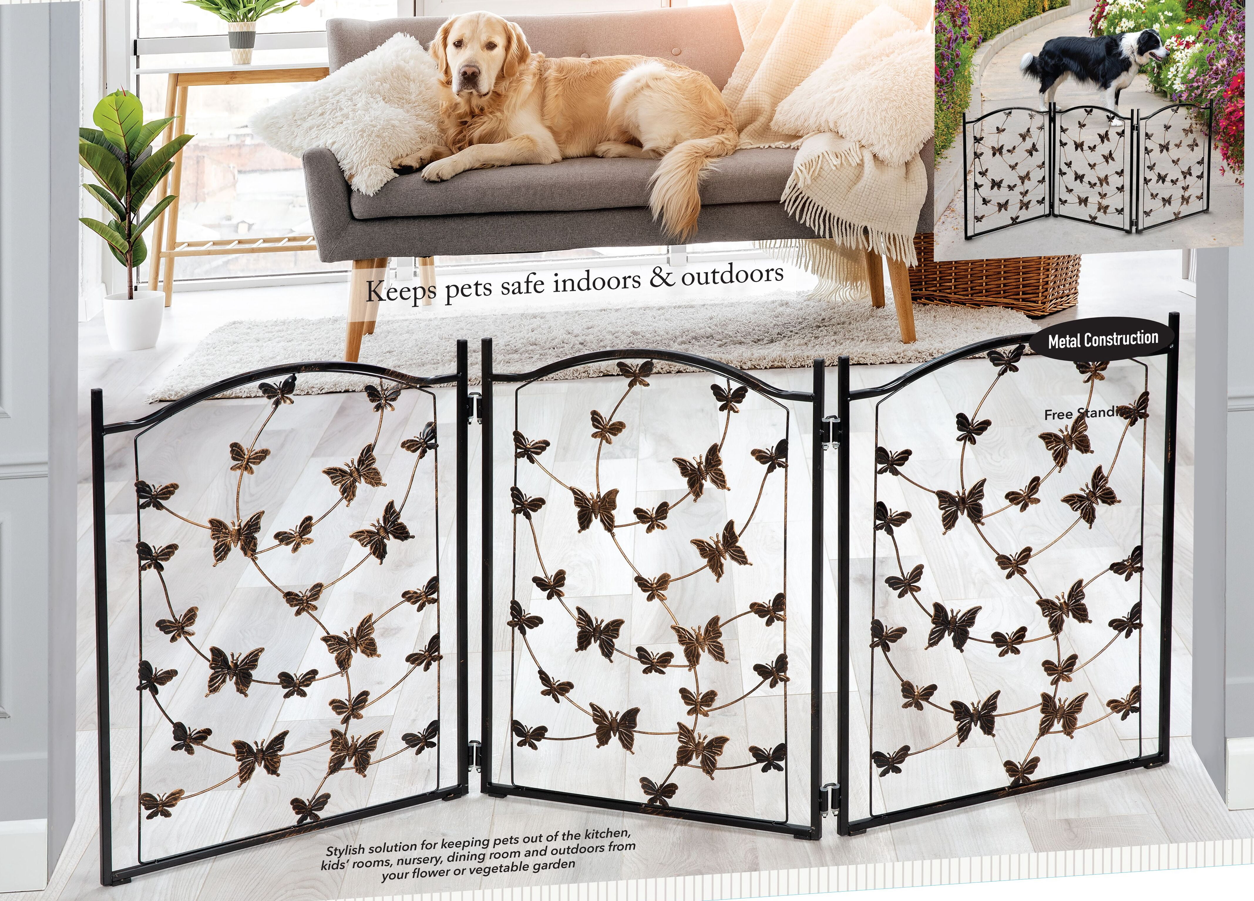 Freestanding Metal Folding Pet Gate, Large Portable Panels for Dog & Cat Security, Foldable Enclosure Gates for Puppies, Indoor & Outdoor Safety for Pets Tree of Life Tri-Fold Fence