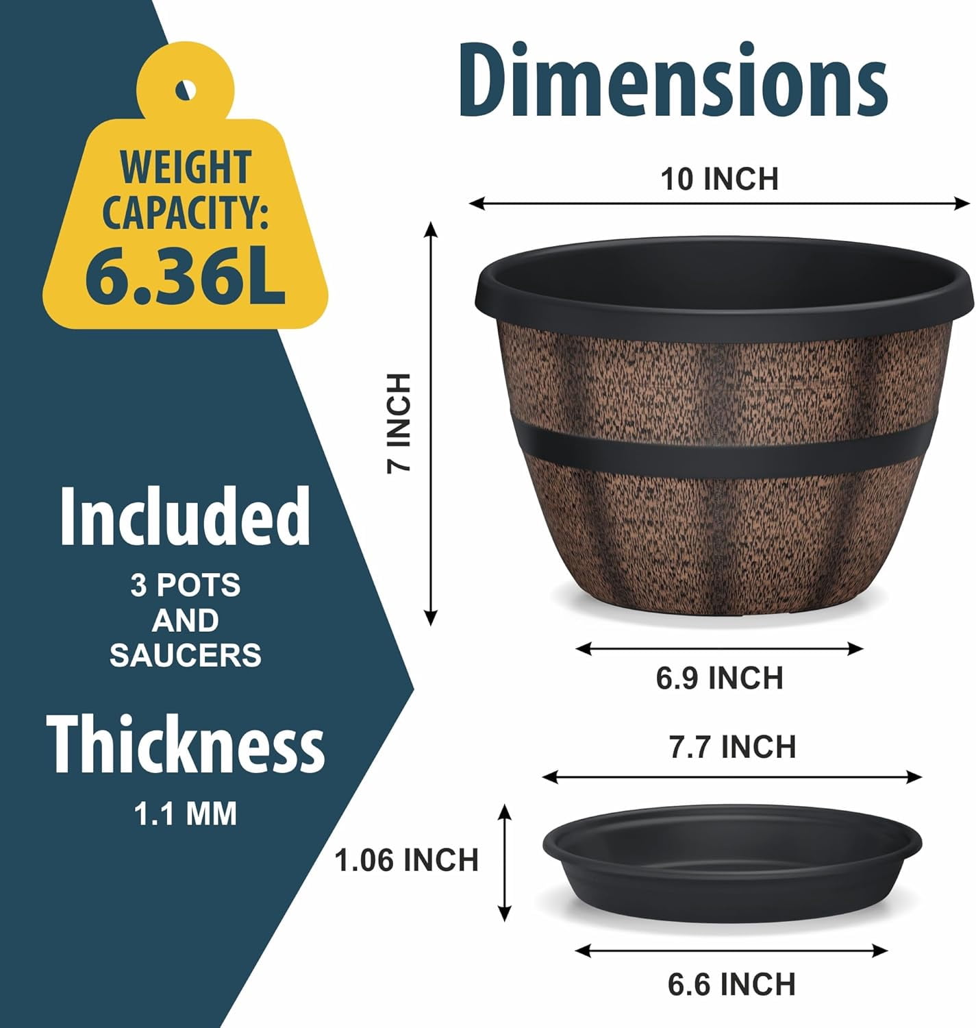 10-Inch Whiskey Barrel Planters Outdoor Pack of 3 - Durable Plastic Plant Pots for Indoor & Outdoor Use with Drainage & Saucer, Lightweight Rustic Barrel Planters for Flowers, Herbs & Small Plants