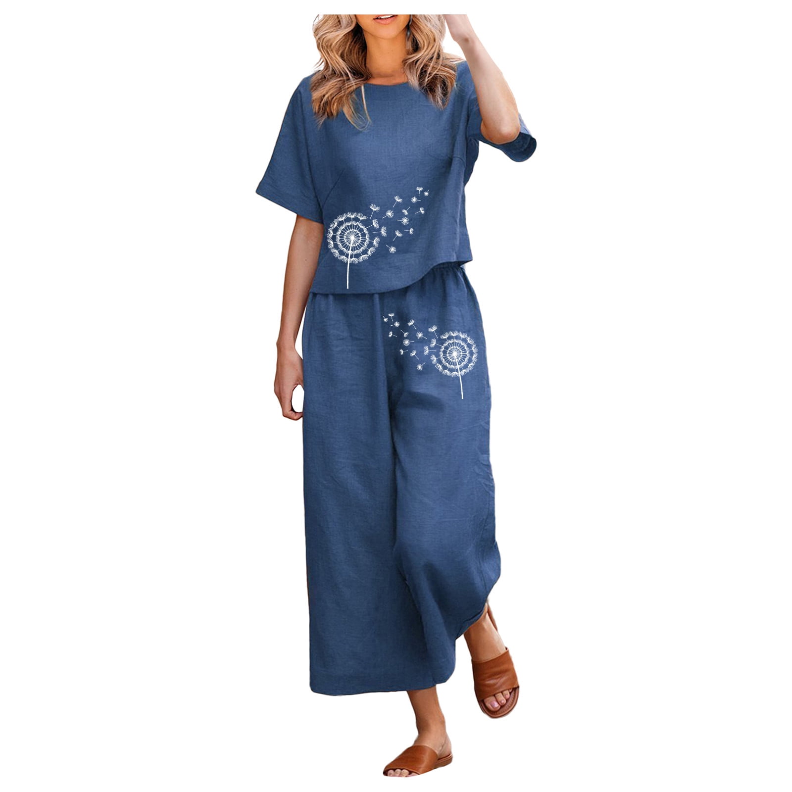 Mlqidk Two Piece Cotton Linen Outfits for Women Cotton Linen Sets Short ...