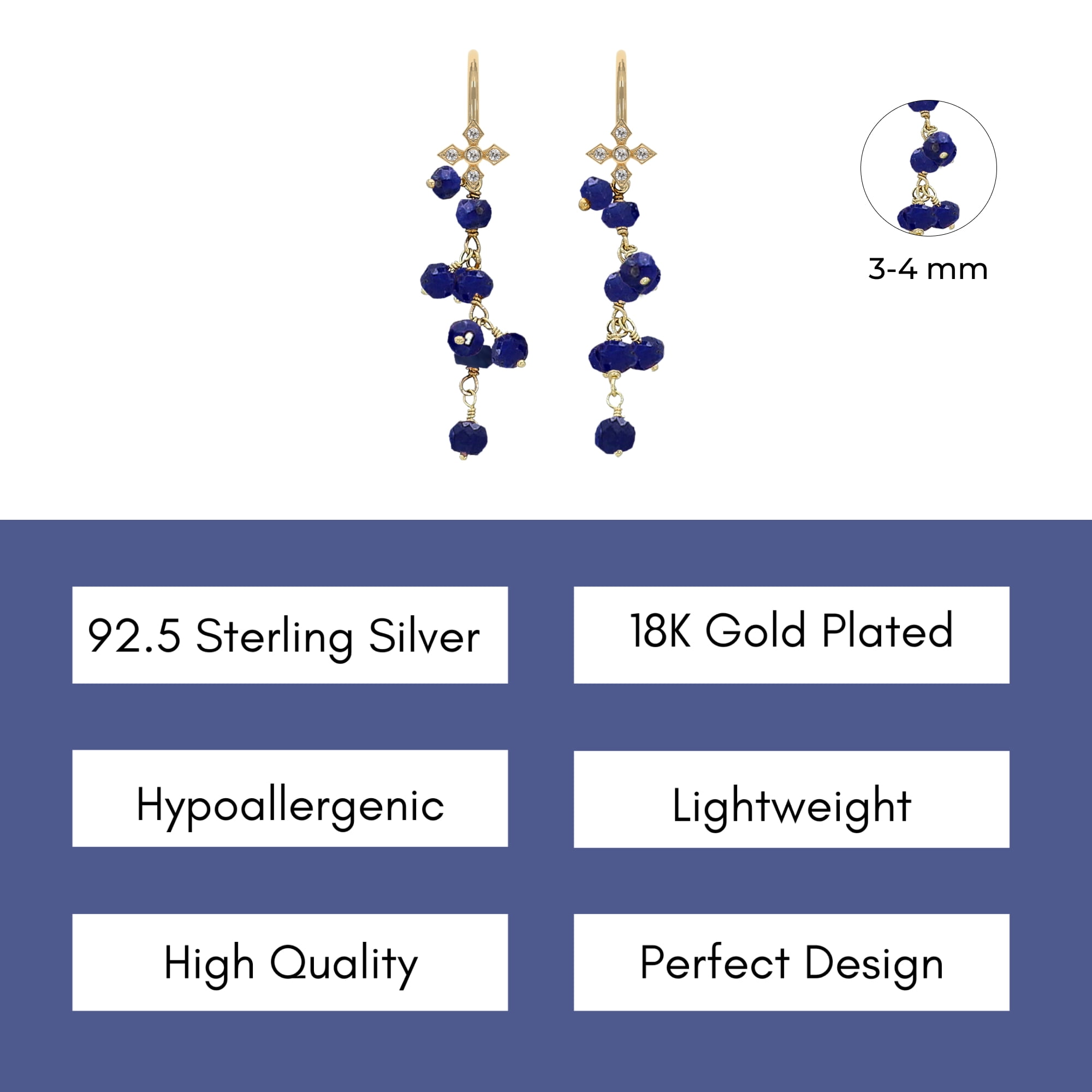 ABSHEL Blue Sapphire Earring - Wire Wrap Dangle - 925 Sterling Silver 18K Gold Plated.
