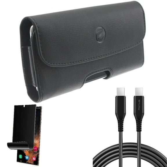Privacy Screen Protector & Case Belt Clip & 6ft Long USB-C Cable for Samsung Galaxy S22 Ultra (6.8") - Combo TPU Film (Fingerprint) Anti-Peep & Leather Holster Cover & PD Fast Charger Cord Power Wire