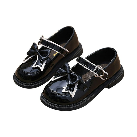Xfvqtps Girls Loafers Bow Love Classic Uniform PU Oxford Mary Jane Dress Shoes New British Style Little Baby Black Soft Sole Primary School Performance Shoes Black