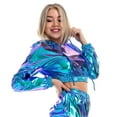 thumbnail image 6 of IBTOM CASTLE Women's Shiny Crop Top Hoodie Metallic Rave Casual Long Sleeve Hooded Pullover Workout Sweatshirt Disco Dance Clubwear XXL Holographic Blue, 6 of 8