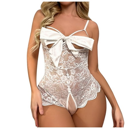 

EHTMSAK Womens Bow Sexy Bodysuit One Piece Sleepwear Lace Plus Size Babydoll Teddy Crotchless Lingerie White 3XL