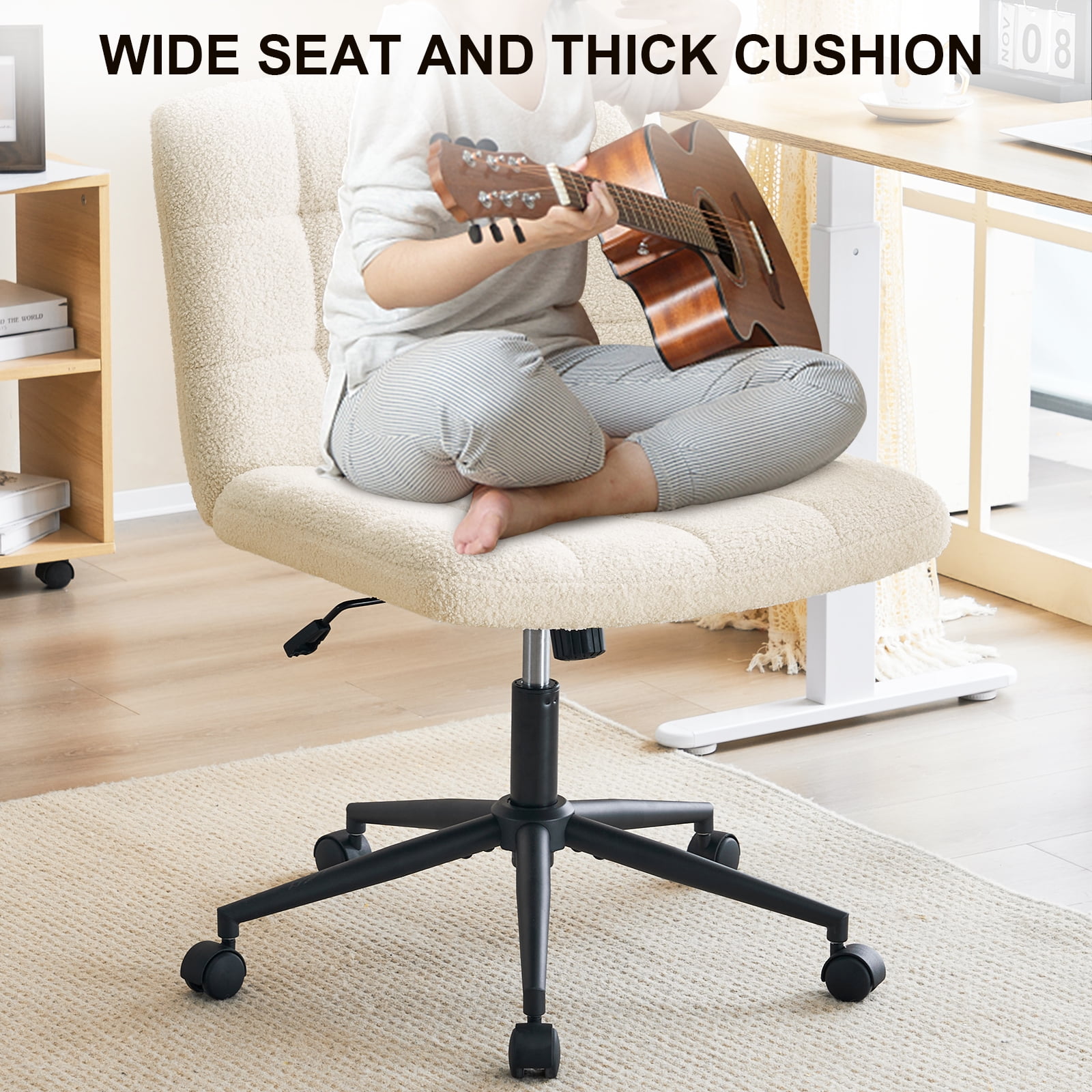 Modern Armless Home Office Chair Wide Desk Chair with Wheels for Home Office, Bedroom, Ivory white