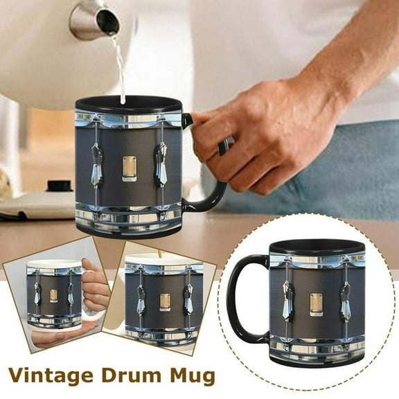 HOT 11OZ Black Vintage Drum Mug Funny Tea Coffee Juice Water Cup Home Office Drinkware Ceramic Drumming Gifts for Men