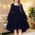 thumbnail image 2 of OJSFQUFP Girls' Spring Summer and Fall Dress: Square Neck Flared Sleeves Ruffled Hem Dress, 2 of 6
