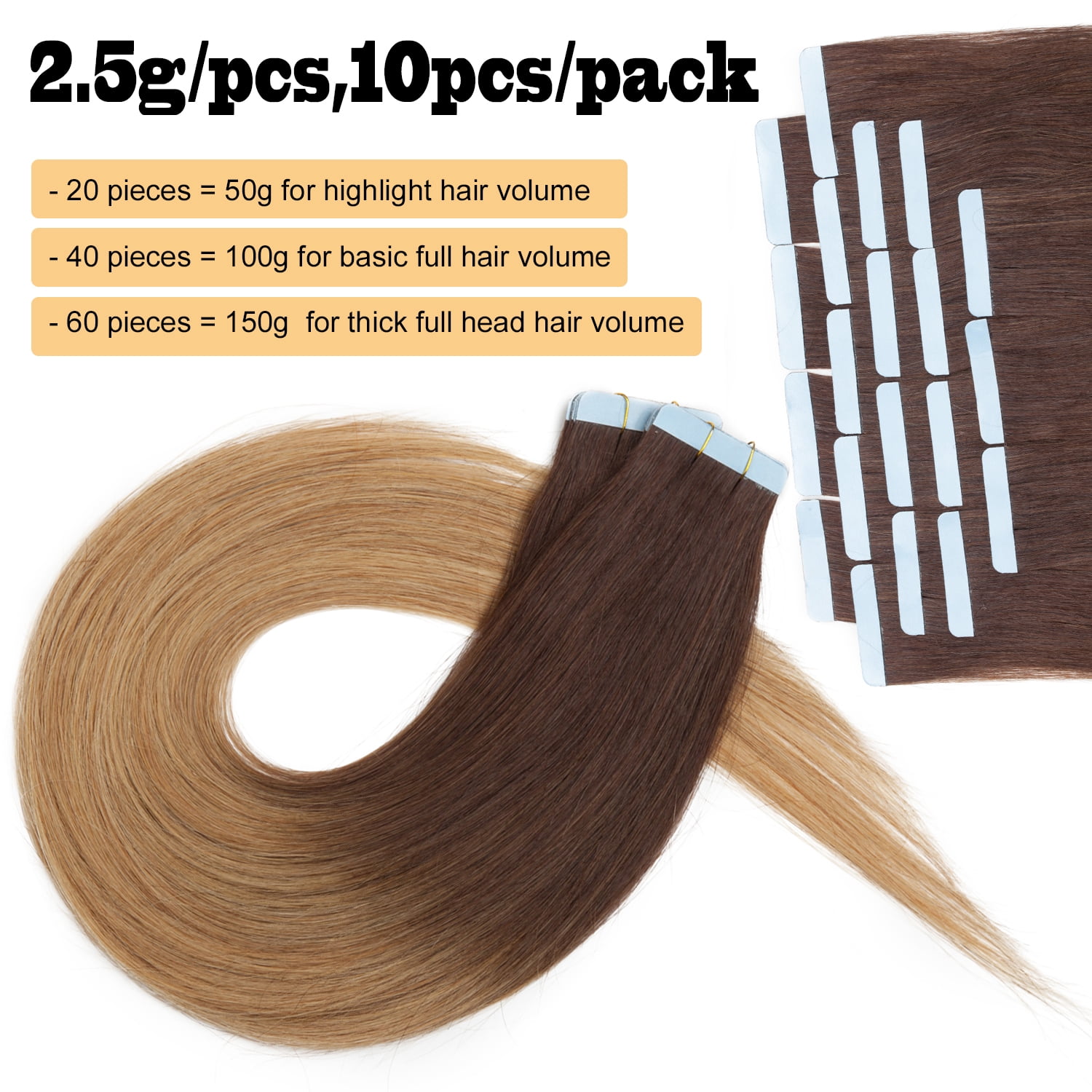 Benehair Tape In 100% Real Remy Human Hair Extensions Seamless Skin Weft Thick Glue Straight Women 10-20pcs 18inch Ombre Brown