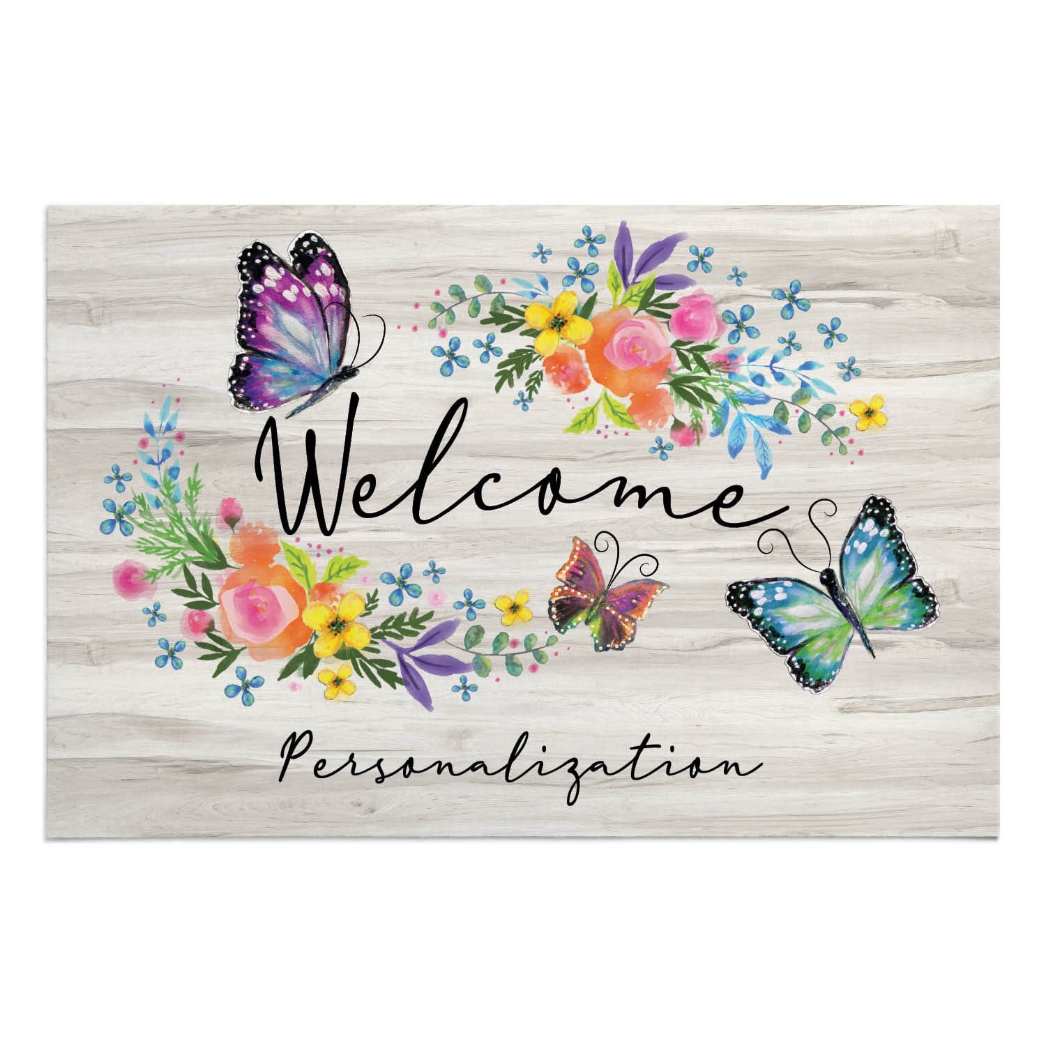 Personalized Planet 27x18 Butterfly Welcome Doormat with Custom Family Name Printed on Tan Rectangular 1/4” Thick Non Slip Mat for Kitchen Hallway Deck or Porch