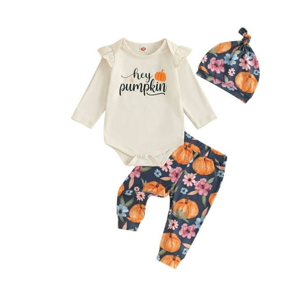 

Emmababy Charming Baby Girls Halloween Outfits adorned with Letter Print Rompers Long Pants and Hat