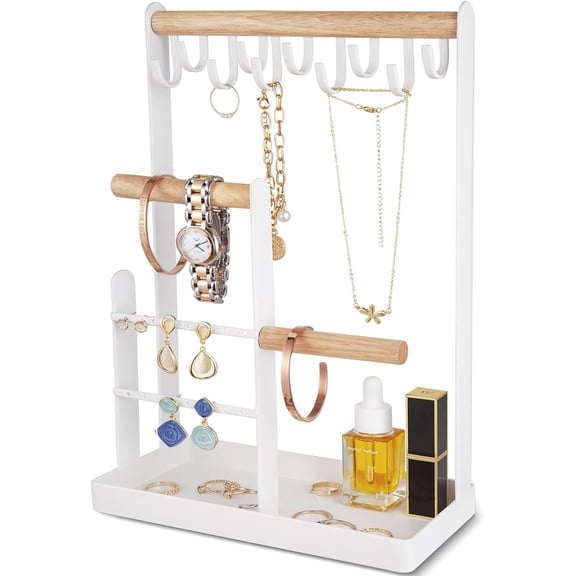 XH Jewelry Stand Holder Organizer, 4-Tier Necklace Holder with Ring Tray, 10 Hooks Necklaces Hanging Small Jewelry Display Storage Tower Tree for Bracelets Earrings Watches -Medium, White