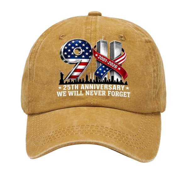 JULMCOMO 9/11 25th Anniversary Washed Cotton Baseball Cap We Will Never Forget Remember Patriotic Hat American Flag 2001‑2026 Hat for Men Women Yellow