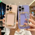thumbnail image 2 of Metal Rhinestone Stand Electroplating Phone Case For IPhone 16 15 14 13 12 11 Pro Max XR 7 8 Plus SE2/SE3 Shockproof Back Cover Light blue For iPhone 14, 2 of 6