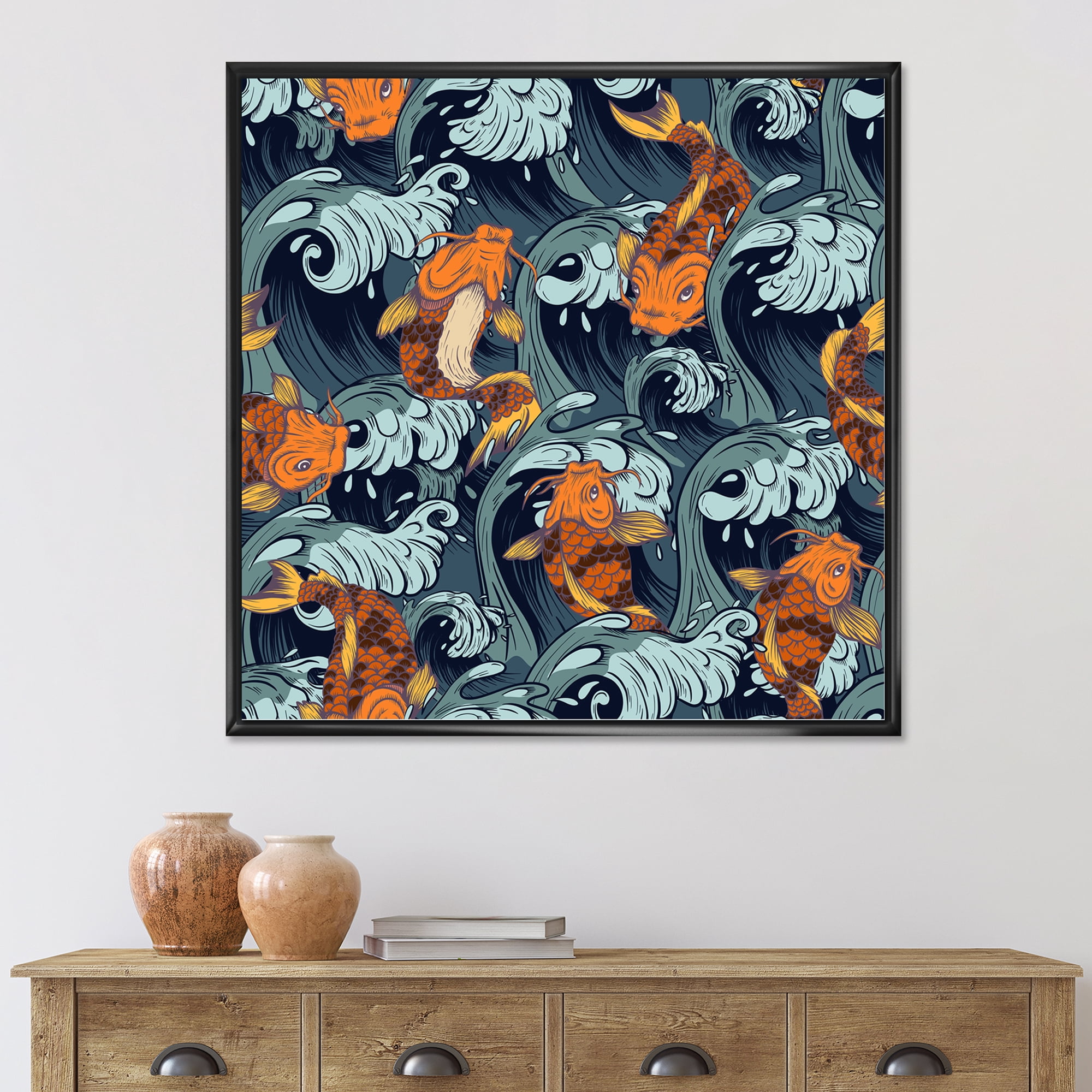 Designart 'Japanese Koi Fish on Sea Waves' Nautical & Coastal Framed Canvas Wall Art Print