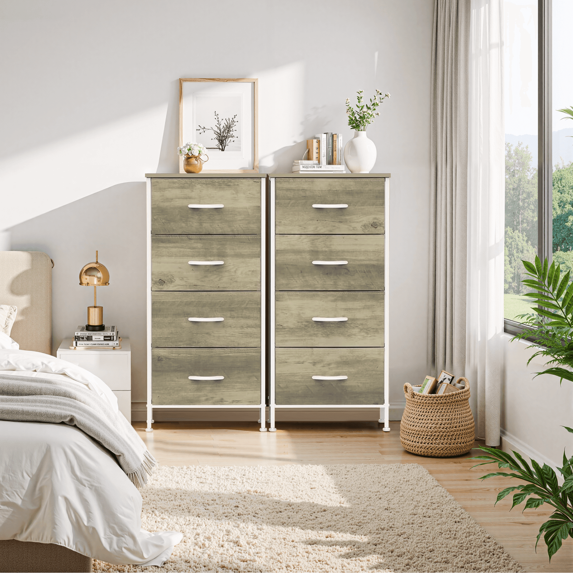 Dresser, Betcozy Storage Organizer with 4 Drawers for Bedroom, Nightstands with Sturdy Metal Frame, Wood Tabletop for LivingRoom, Entryway,Smoked ash