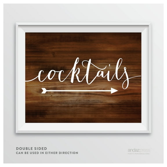 Cocktails Rustic Wood Wedding Party Directional Signs, Double-Sided