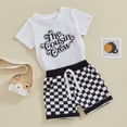 thumbnail image 2 of Bagilaanoe 2pcs Newborn Baby Boy Shorts Set Short Sleeve Letter Print T Shirt Tops + Checkerboard Shorts 6M 12M 18M 24M Infant Casual Summer Clothes, 2 of 8