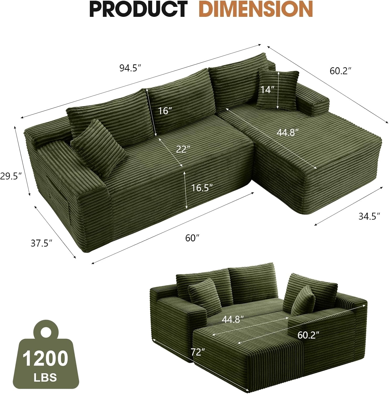 MOONMISS L-Shaped Cloud Sectional Couch with Chaise,Modern Corduroy Upholstered Modular Boneless Sofa,No Assembly for Living Room Apartment(Green,Right)