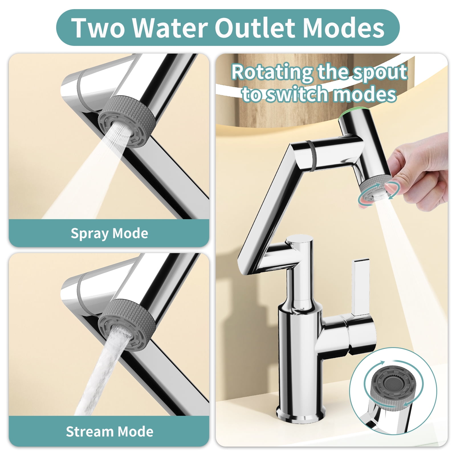 KAIYING Rotatable Bathroom Faucet with Digital Temperature Display, 1080 Degree Swivel Single Handle Sink Tap with 2 Spray Modes, Chrome