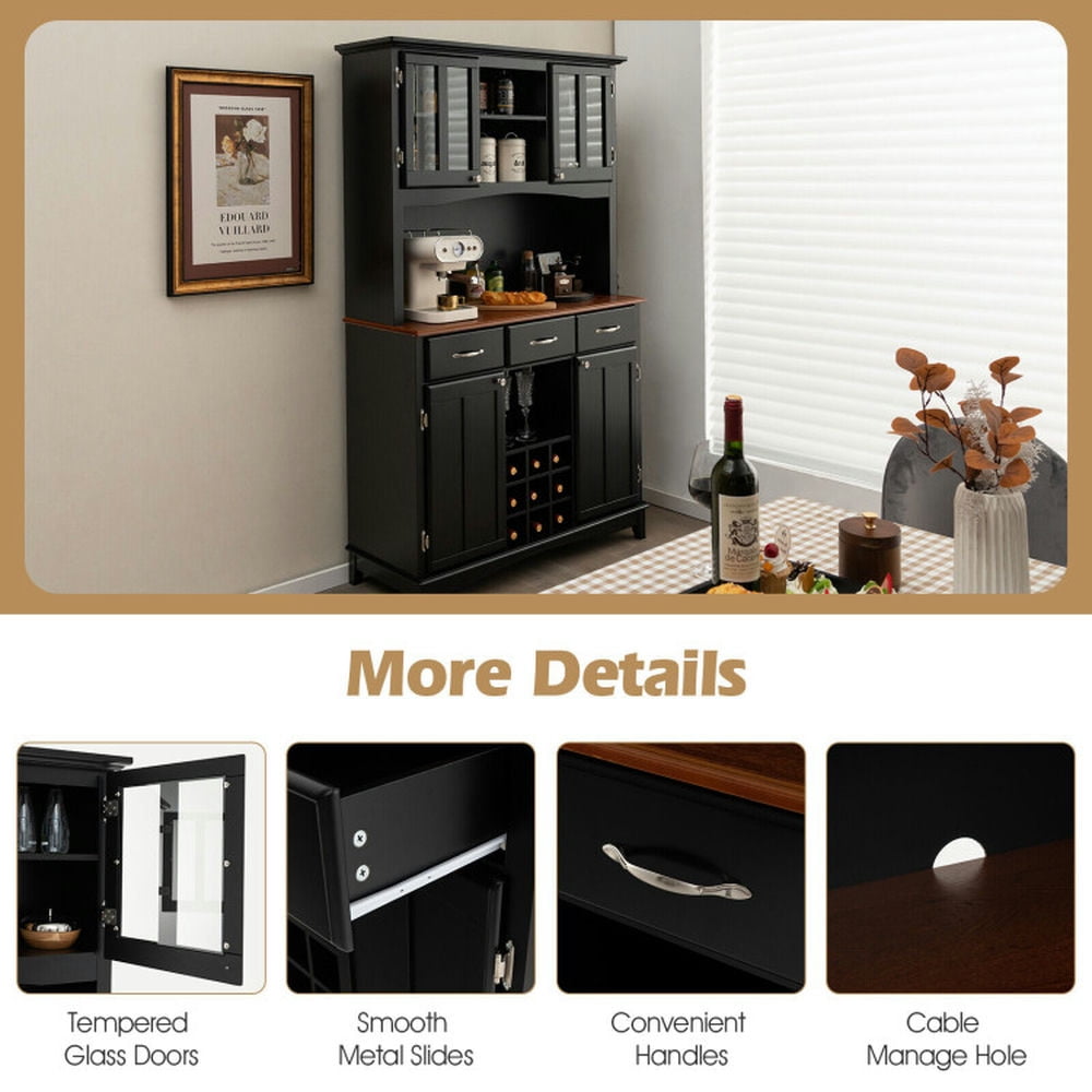Finihen Kitchen Storage Cabinet, Buffet Sideboard, Kitchen Storage Cabinet Cupboard with Wine Rack and Drawers, for Dining Room, Kitchen, Living Room, Black Finihen Kitchen Storage Cabinet, Buffet Sideboard, Kitchen Storage Cabinet Cupboard with Wine Rack and Drawers, for Dining Room, Kitchen, Living Room, Black