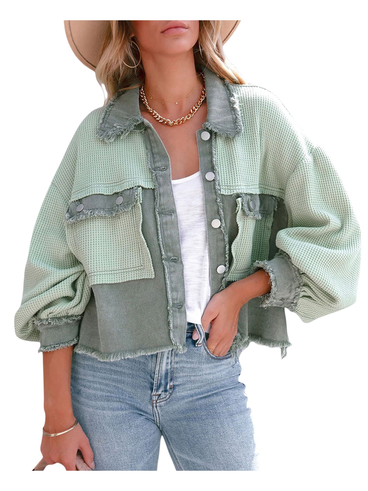 Afunbaby Womens Waffle Knit Shacket Boyfriend Shirt Jacket Button Down