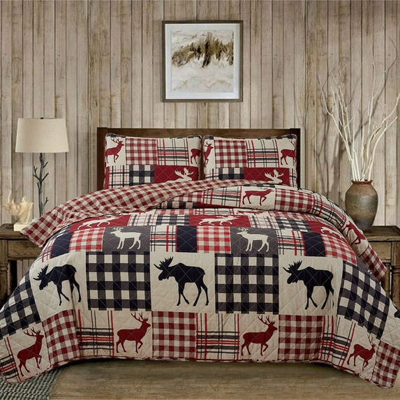 Market & Place Reversible Lodge Themed Buffalo Plaid Quilt Set