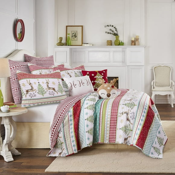 Levtex Home Merry & Bright Collecion - Comet and Cupid Quilt - King - Holiday Deer and Christmas Trees - Red Green White Teal - Quilt (12x86in.) - Reversible - Microfiber