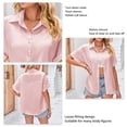 thumbnail image 3 of Women Short Sleeve Shirt Rolled Cuff Turn Down Collar Pure Color Button Closure Summer Satin Blouse, 3 of 6