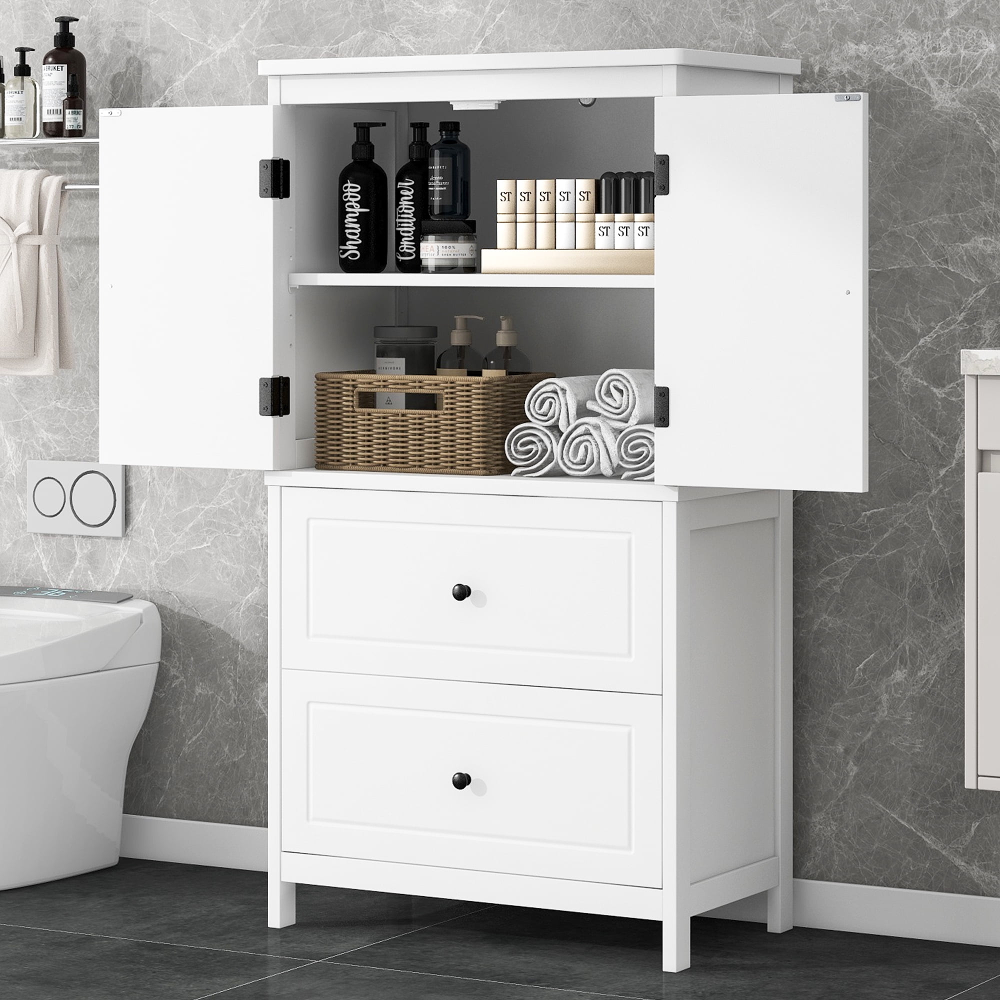 Bathroom Storage Cabinet, Cabinet with Two Doors and Drawers, Adjustable Shelf