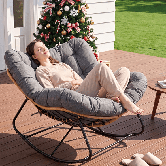 Arlopu Patio Papasan Rocking Chair, Outdoor Oversized Rocker with Thick Cushion, Indoor Outdoor Cozy Recliner for Balcony, Living Room, Deck