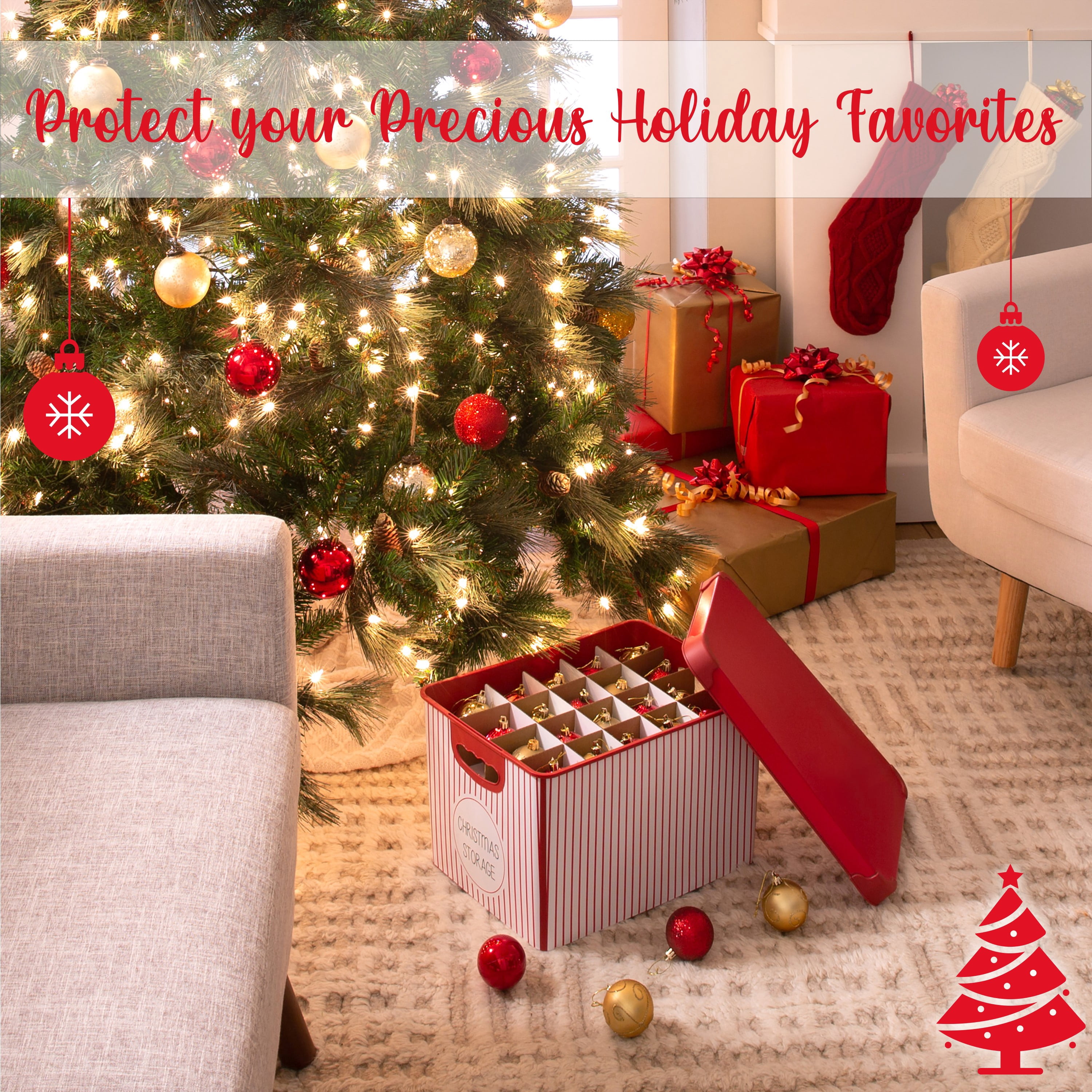 Simplify Plastic 7.48 Gallon Christmas Storage Stripe Design 60 Ornament Storage Bins, Red