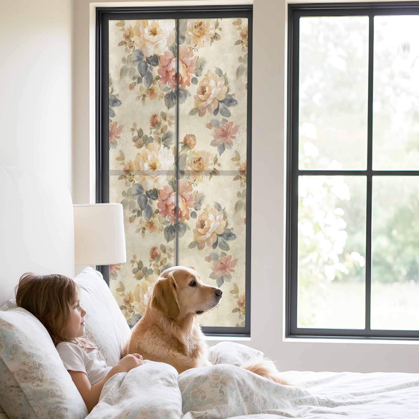 Spring Floral Window Privacy Film, Oil Painting Flower Pink White Peony Retro Romantic Frosted Glass Window Clings Static Cling UV Heat Blocking Reusable Door Sticker for Bathroom 23.6 x 59 Inch