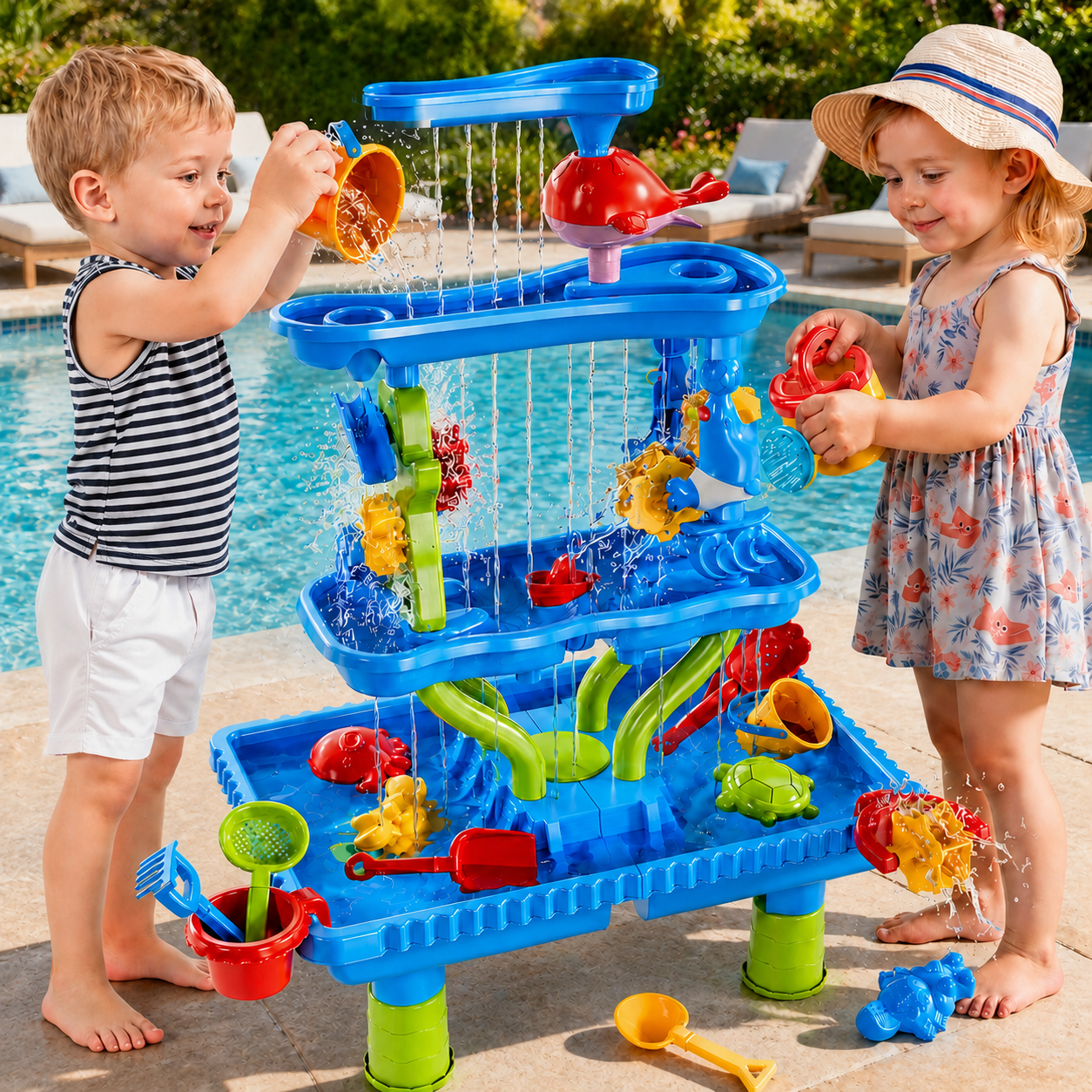 Lucky Doug 4-Tier Water Table Sand Beach Outdoor Toys, Kids Outdoor Toys Water Play Set for Toddlers Boys and Girls Ages 2-6 Years Old